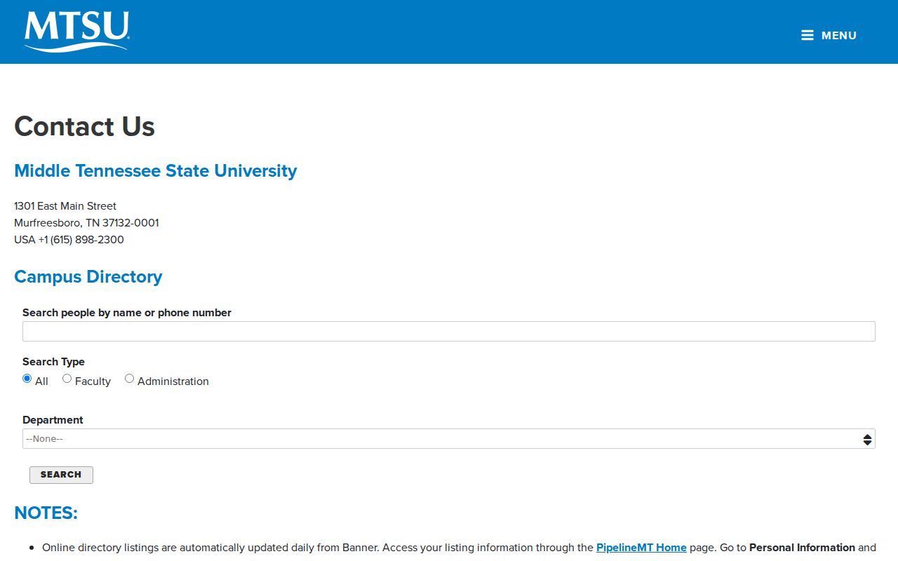 Rutherford County directory search with MTSU name type and department fields