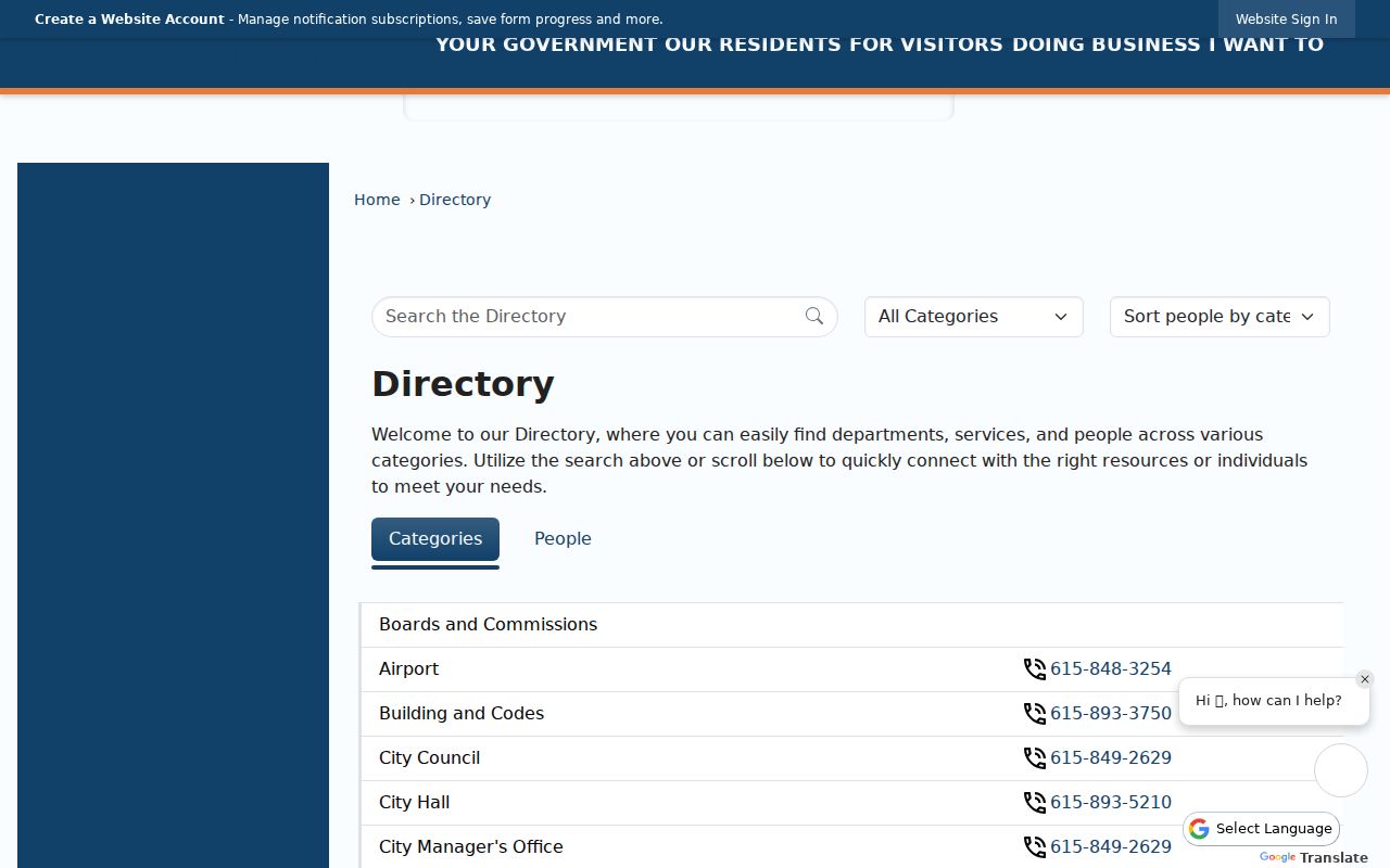 Rutherford County directory search showing Murfreesboro departments and staff