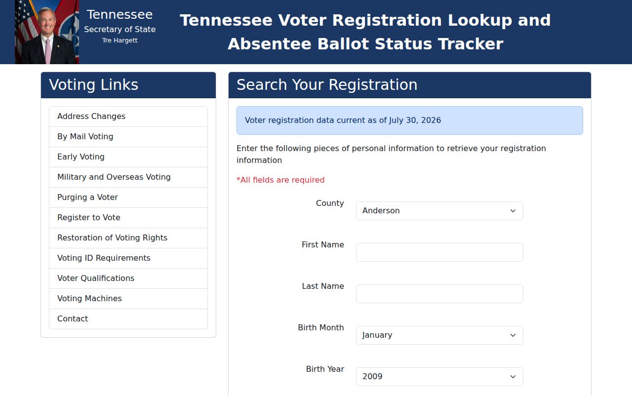 Rutherford County voter registration lookup with five required fields